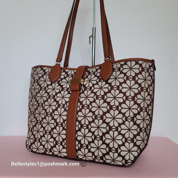 KATE SPADE Spade-Flower Jacquard and Leather Medium Open Tote- Burgundy Multi⭐ - Picture 3 of 16